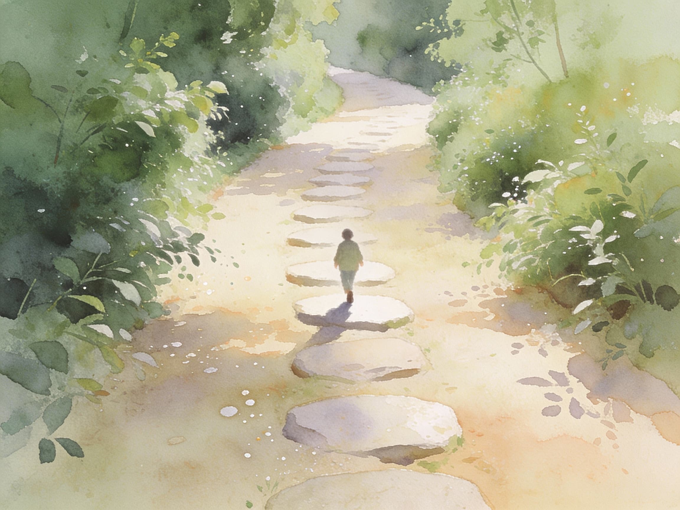 Watercolor illustration of a peaceful garden path