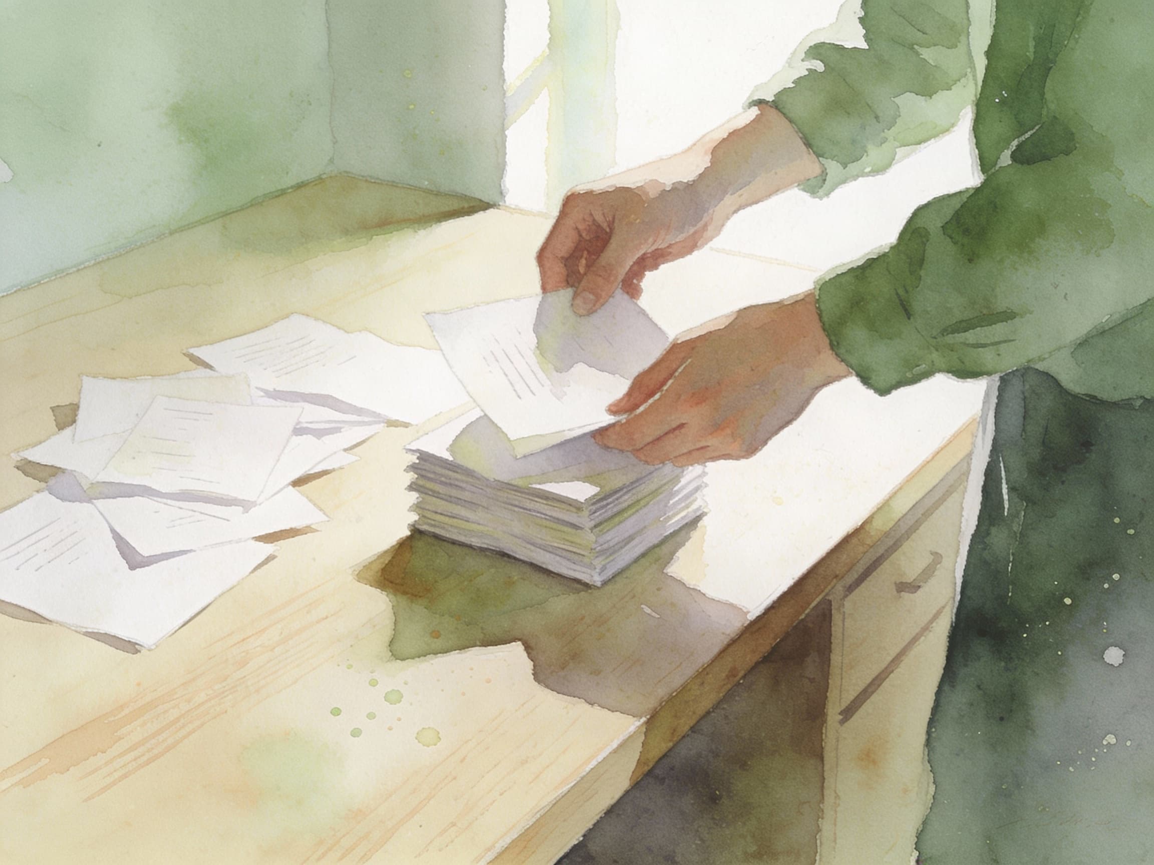 Watercolor illustration of hands opening letters and documents