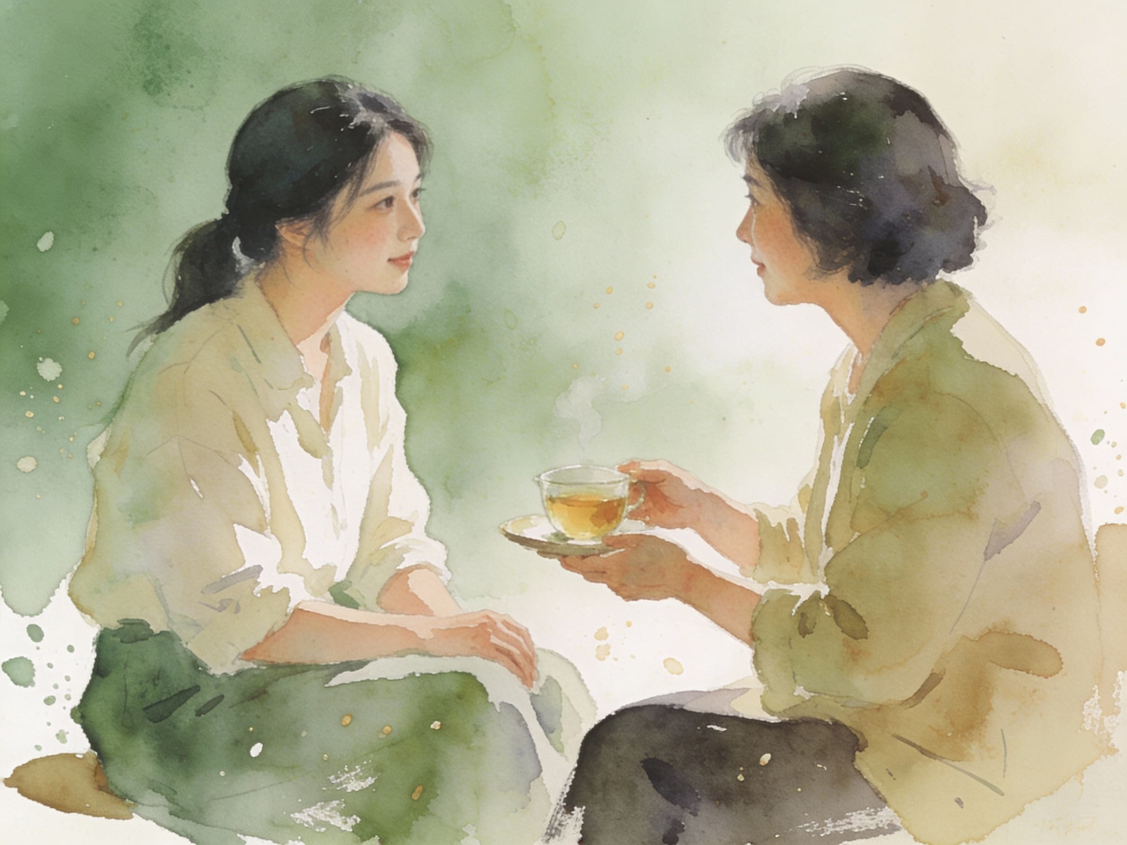 Watercolor illustration of two people sharing tea and conversation