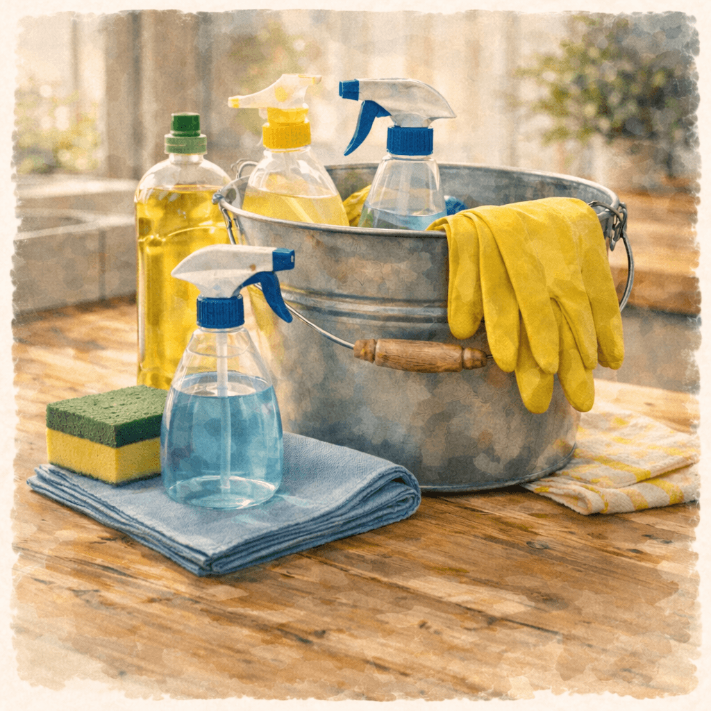 Cleaning supplies in a bucket