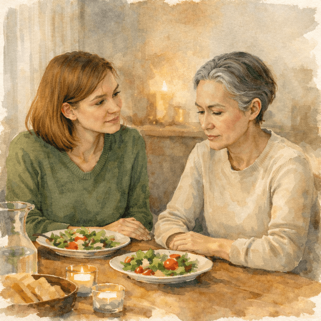 Two women having a supportive conversation over a meal