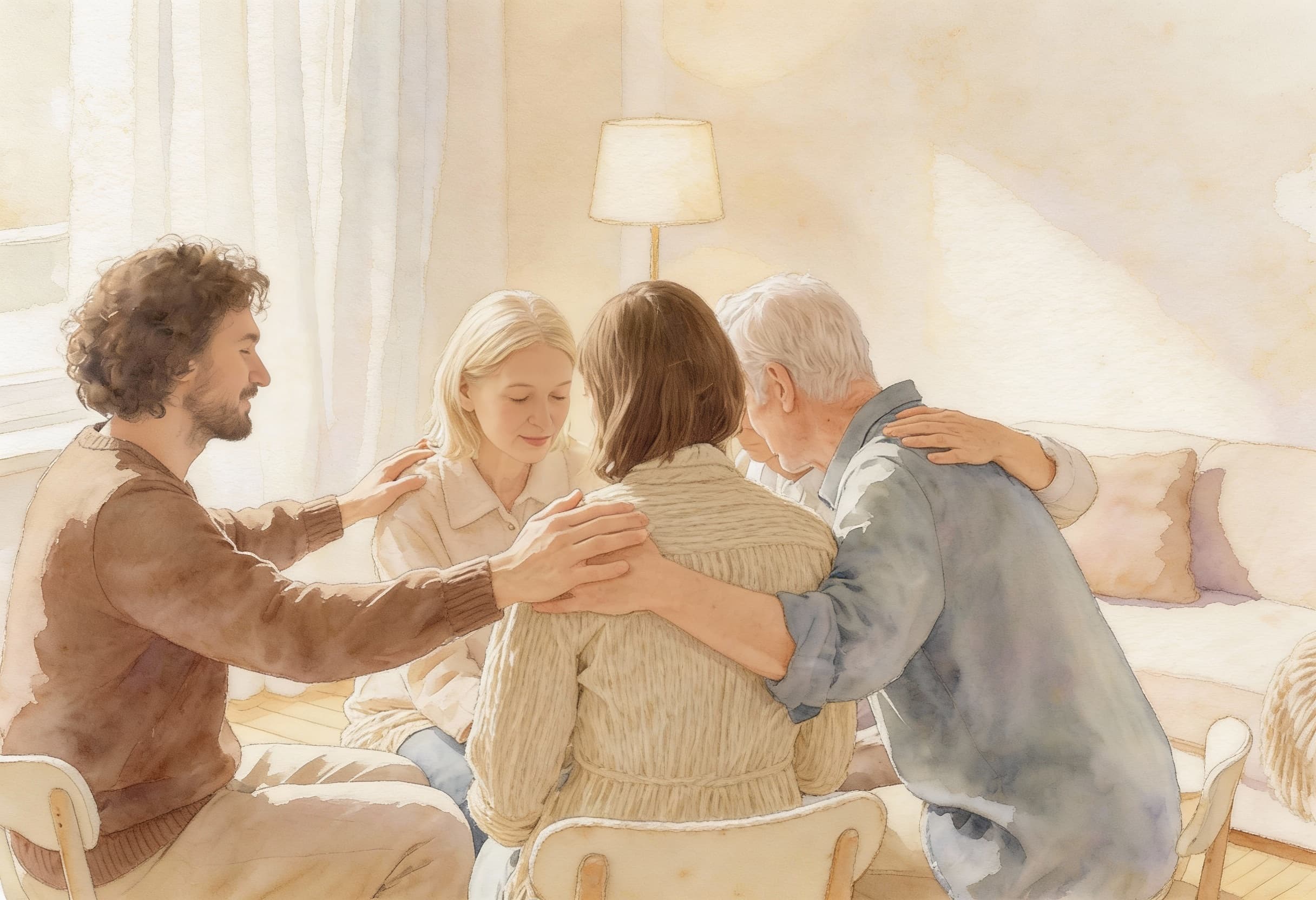 Group of people embracing in a supportive circle