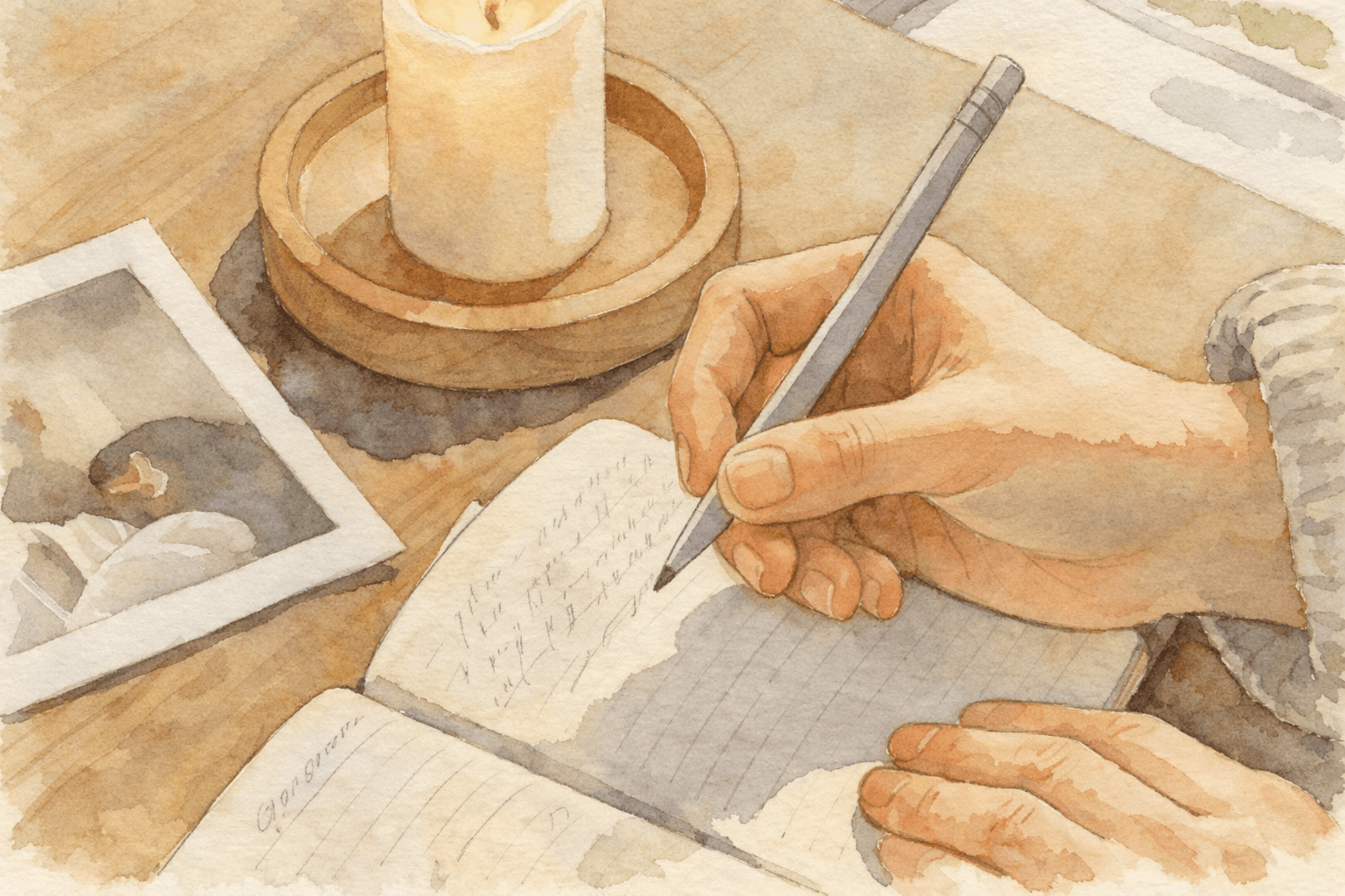 Person writing in a journal with a candle nearby, planning funeral details