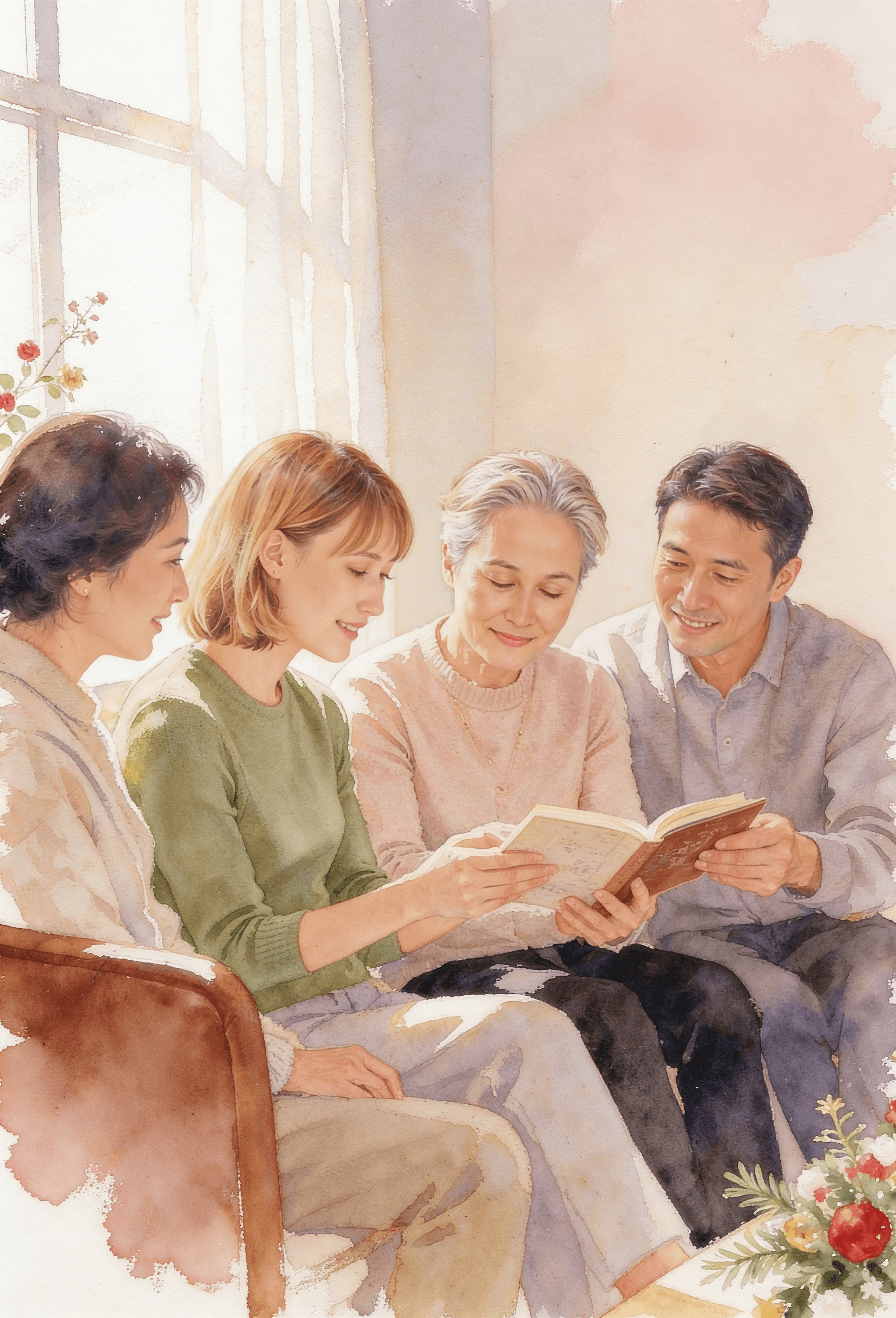 Family gathered together looking through photos and memories