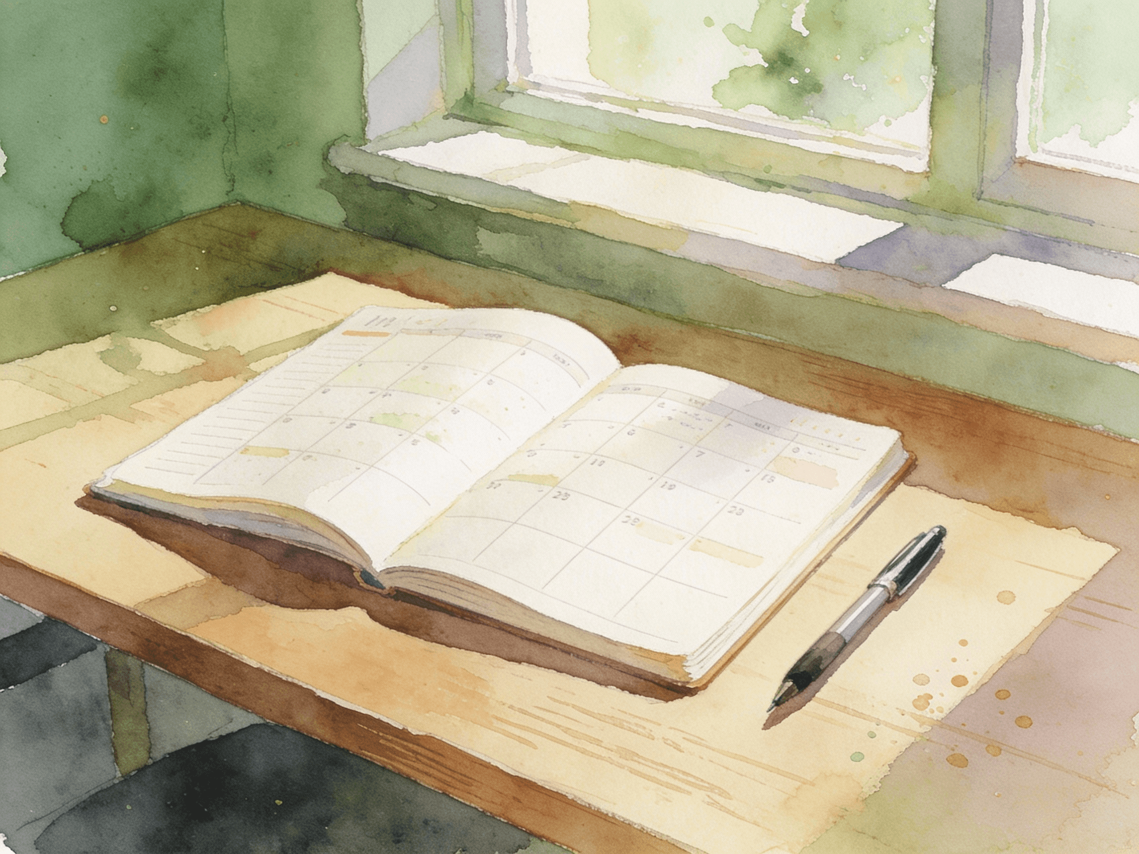 Open journal on a desk with watercolor painting supplies nearby