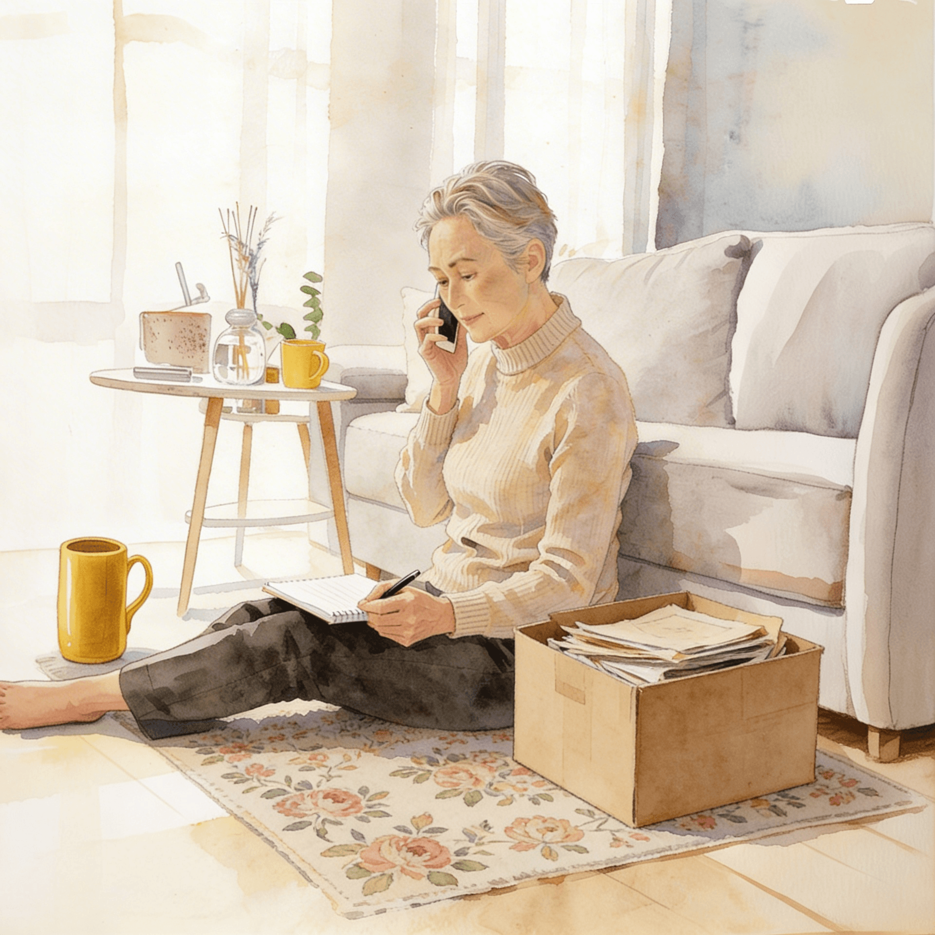 Person sitting quietly with boxes, reflecting on their situation